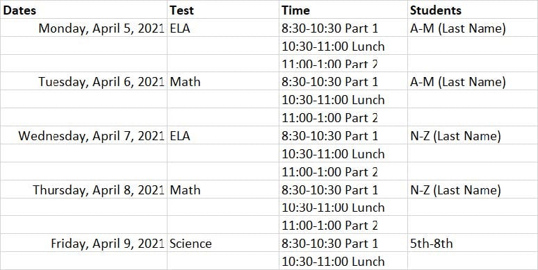 Table showing test schedule with dates, subjects, times, and student groups.